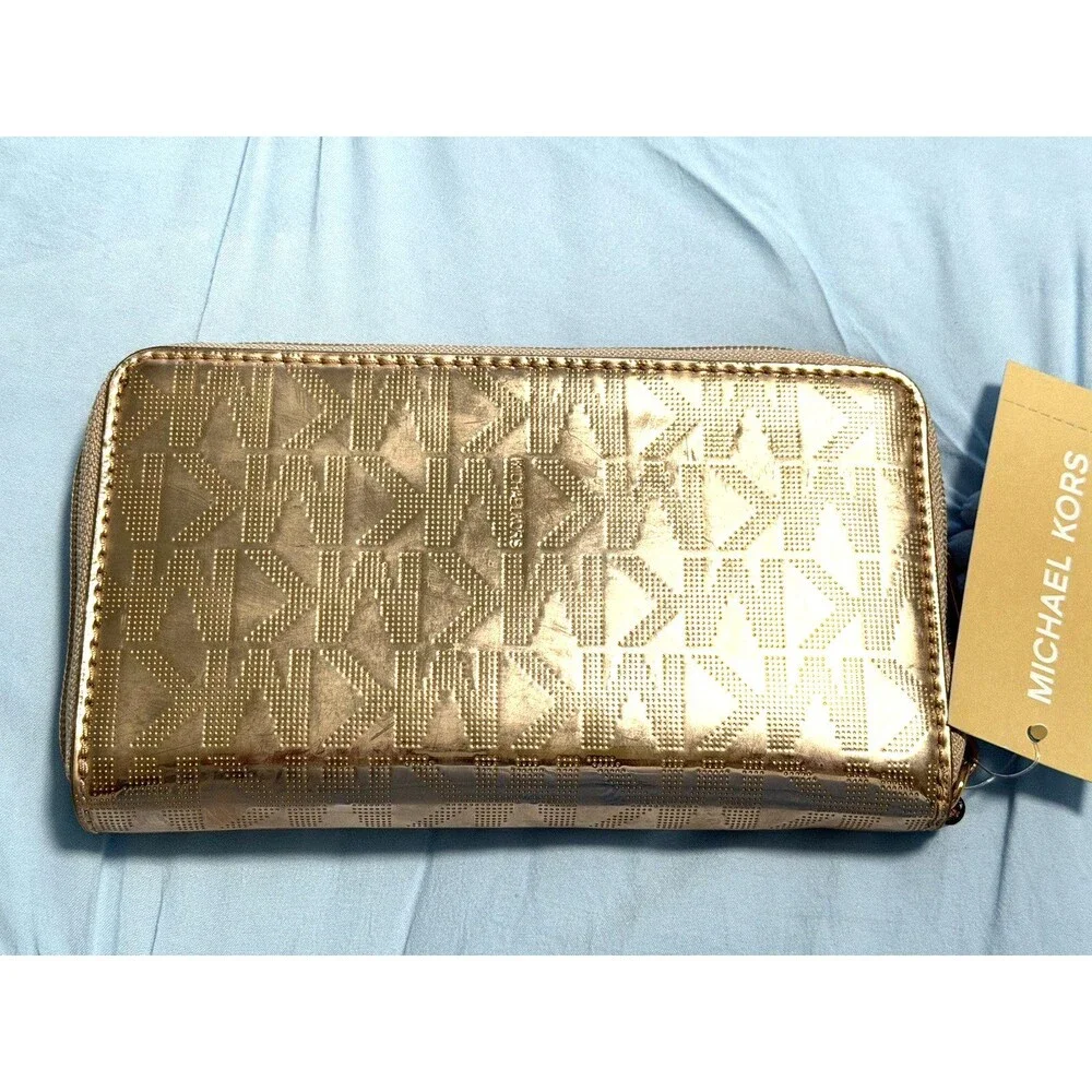 NWT Michael Kors Metallic Rose Gold MK Logo Tote Bag with Wallet $356 Jet Set